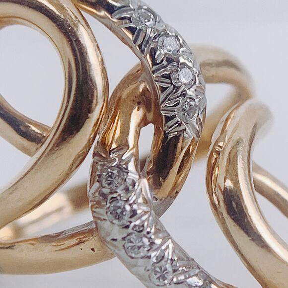 14K Gold Mid Century Diamond Cocktail Ring Retro Swirl Design VTG Ring, 50s 60s - Picture 3 of 16